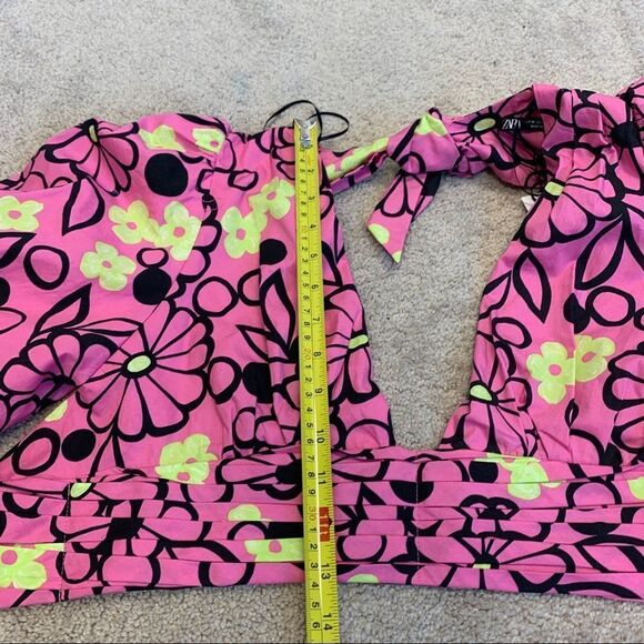 Zara Fuchsia floral V neck balloon sleeve crop top pink yellow black Sz M NWT - Picture 6 of 8